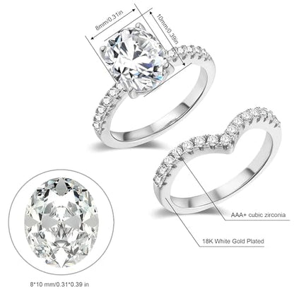 MDFUN 18K Gold Plated Promise Eternity Ring for Women, 7 * 9mm Oval Cubic Zirconia Two-in-One Rings Wedding Band Engagement - color: White