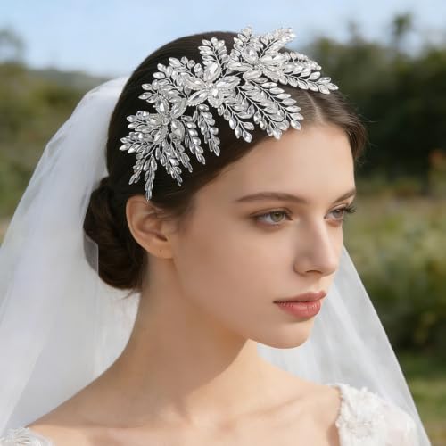 Teyglen Large Full Rhinestone Headband Flower Crystal Bride Wedding Headband Hair Vine Bridal Rhinestone Headpiece Wedding Hair Accessories for Women Party Prom (Silver) - color: Silver