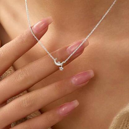 925 Sterling Silver Dainty Moon Star Necklaces for Women Daughter Mom | Moon Pendant Necklaces Trendy Non Tarnish 14K Gold Plated Cute Star CZ Charm Chain Jewish Birthday Wedding Gifts Jewelry - color: Silver