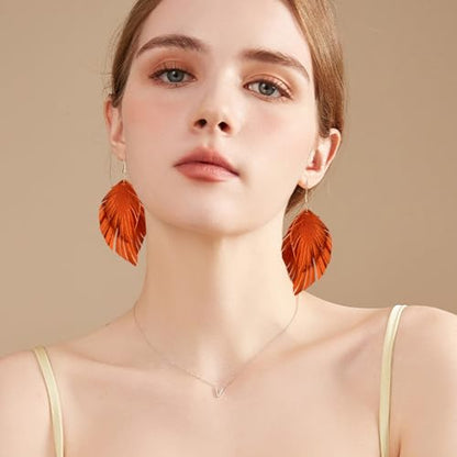 Handmade Bohemian Large Soft Genuine Leather Fringe Double Feather Dangle Drop Earrings Lightweight Simple Color PU Leaf Hook Earrings for Women - color: Orange