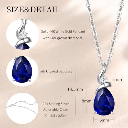 FANCIME 14K Solid White Gold Birthstone Pendant Necklace for Women with Diamond Pear Shaped Teardrop Necklace Birthday Gifts for Mom Women,Sterling Silver Chain 16" + 2" Extender - color: 09-Sapphire