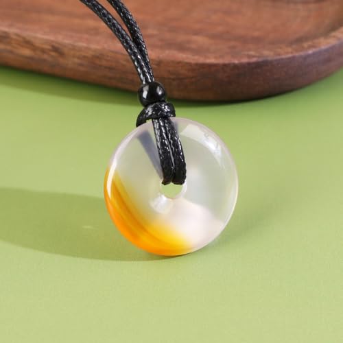 FANASY Natural Gemstone Pendant Necklce Lucky Coin Crystal Necklace Protection Donut Pendnat with Adjustable Rope for Men Women - color: Chalcedony