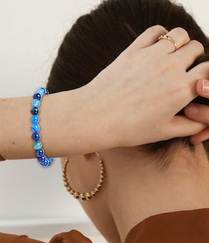 BOMAIL Natural Stone Beaded Bracelet for Women Men | 8mm Round Beads,Healing Crystal,Semi-Precious Gemstone,Yoga,Stretch,Bracelets Jewelry Gift - color: Agate