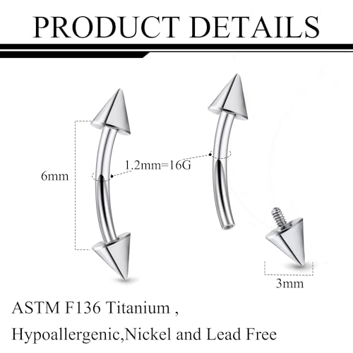 Ruifan 20g 18g 16g 14g 12g 8g 6g 4g 2g Rook Piercing Jewelry Titanium Internally Threaded Curved Barbell Eyebrow PA Tragus Helix Conch Lobe Earrings Lip Rings Body Piercing Jewelry For Women Men - size: 16G - 6mm Spike