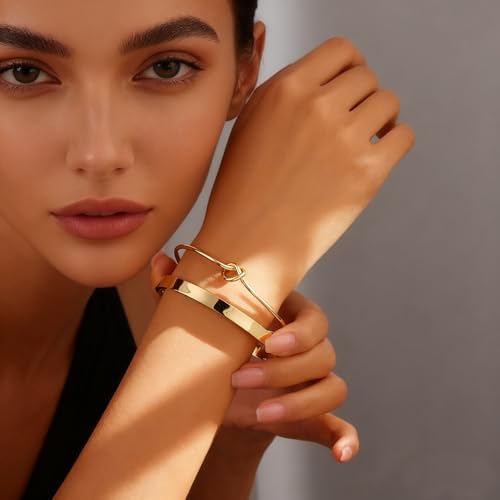 Gold Bangle Bracelets for Women Non Tarnish, 18k Gold Bracelet Stack Layered Chunky Cuff Bracelet Knot Cross Bowknot Bracelets Trendy Jewelry Set for Women Gifts - color: S03