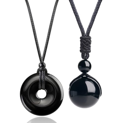 2pcs Natural Crystal Stone Lucky Coin Crystal Necklace Donut Pendnat, 16mm Stone Bead Pendant for Women and Men Necklace - color: Black Obsidian