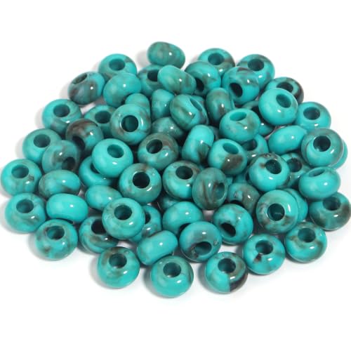 150PCS 14x8mm Turquoise Brown Veined Acrylic European Large Hole Rondelle Spacer Beads with Storage Box, Loose Beads for Bracelet Necklace Earring Hair DIY Jewelry Making - color: Turquoise Brown Veined