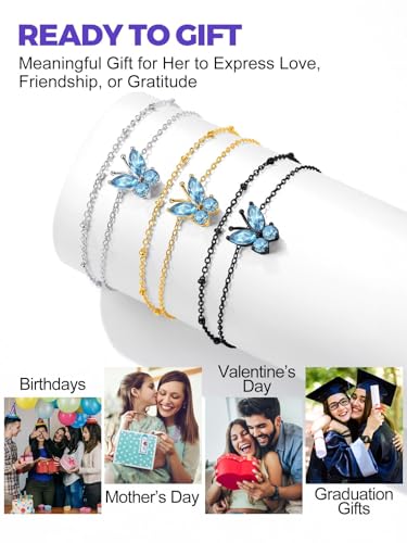 Richsteel Double Layer Heart/Butterfly Birthstone Anklet for Women | Non Tarnish Waterproof, Silver/Gold/Black Stainless Steel 8.5-10.5 Inch Adjustable Chain Anklets Summer Beach Foot Jewelry - color: Black Butterfly-03 Mar.(Aquamarine)