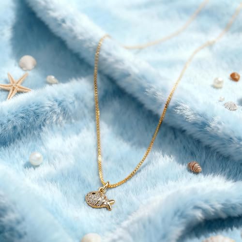 Dainty Gold Necklace for Women, 14K Gold Plated Cubic Zirconia Pendant Necklace, Dainty Fish Sea Turtle Pendant Necklace Ocean Beach Cute Trendy Gold Jewelry Necklaces for Women Gift - style: Fish B
