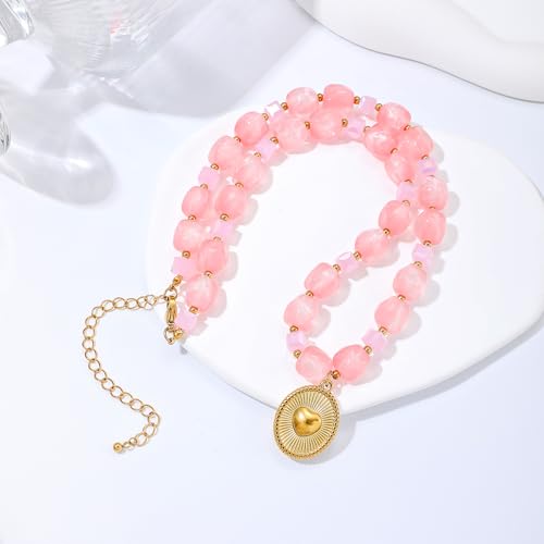 Chunky Beaded Necklaces for Women Trendy Colorful Acrylic Bead Statement Necklace Puffy Heart Pendent Necklaces for Women Boho Fashion Jewelry - color: K-pink