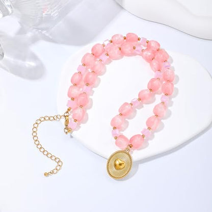 Chunky Beaded Necklaces for Women Trendy Colorful Acrylic Bead Statement Necklace Puffy Heart Pendent Necklaces for Women Boho Fashion Jewelry - color: K-pink