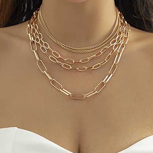 Layered Chain Necklaces for women 18 Inch Gold Plated Paperclip Chain Silver Tone Choker Necklace Rope Ball Chains Punk Jewelry - style: Gold 5-layer Chains