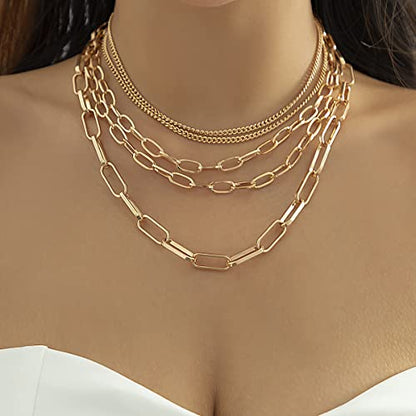 Layered Chain Necklaces for women 18 Inch Gold Plated Paperclip Chain Silver Tone Choker Necklace Rope Ball Chains Punk Jewelry - style: Gold 5-layer Chains