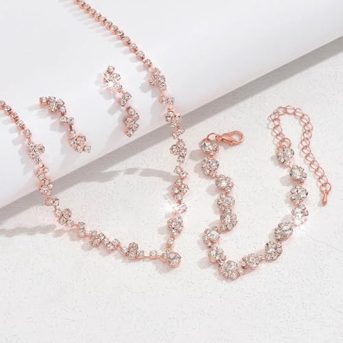 Unicra Bride Crystal Necklace Earrings Set Bridal Wedding Jewelry Sets Rhinestone Choker Necklace Costume Jewelry Set for Women and Brides - color: Rose Gold Necklace Bracelet Earrings
