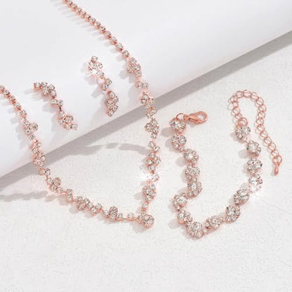 Unicra Bride Crystal Necklace Earrings Set Bridal Wedding Jewelry Sets Rhinestone Choker Necklace Costume Jewelry Set for Women and Brides - color: Rose Gold Necklace Bracelet Earrings