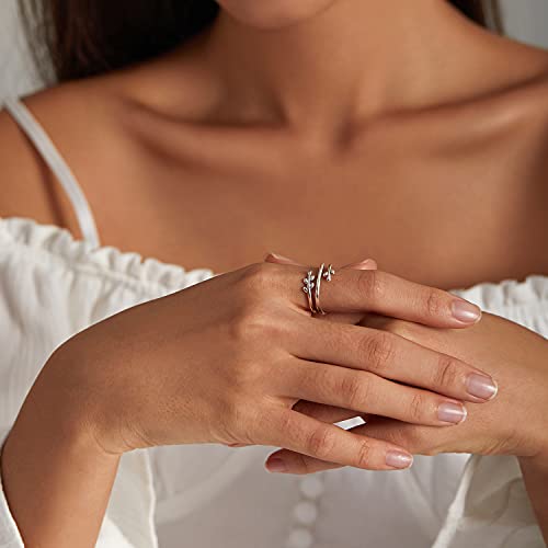 MUNDELL 925 Sterling Silver Simple Multi-layer Leaf Adjustable Ring Green Lucky Leaves Statement Ring for Women Promise Ring Fine Jewelry - color: Multi-layer Leaf