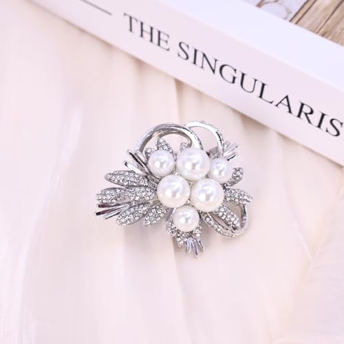 Elegant Floral Brooch Pins for Women, Crystal Pearl Rhinestone CZ Flower Lapel Pin Wedding Party Exquisite Brooches and Pins for Women Ladies - color: Silver+White