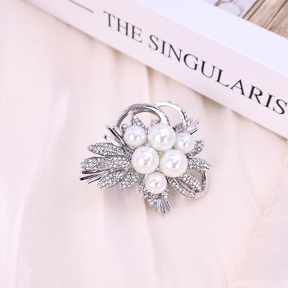 Elegant Floral Brooch Pins for Women, Crystal Pearl Rhinestone CZ Flower Lapel Pin Wedding Party Exquisite Brooches and Pins for Women Ladies - color: Silver+White
