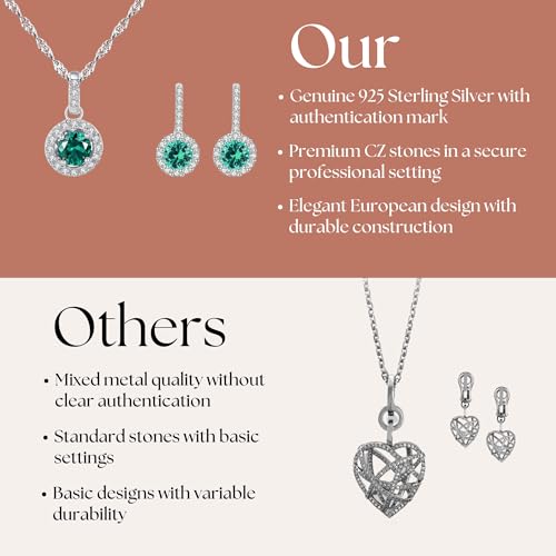 925 Sterling Silver Wedding Jewelry Set for Women - Sapphire Tone Gemstone Pendant Necklace and Stud Earrings with Cubic Zirconia Halo Design - Premium Rhodium Plated Finish - color: Green