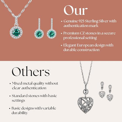 925 Sterling Silver Wedding Jewelry Set for Women - Sapphire Tone Gemstone Pendant Necklace and Stud Earrings with Cubic Zirconia Halo Design - Premium Rhodium Plated Finish - color: Green