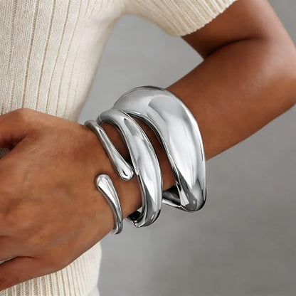 Chunky Gold Bangle Bracelets for Women, 14k Gold Plated Trendy Stackable Bangles Set, Dainty Cuff Bracelet Stack Jewelry for Gifts - color: Silver