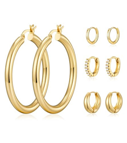 wowshow Gold Hoop Earrings for Women Chunky Hoops 14K Gold Plated Thick Hollow Tube Lightweight Earrings for Mother Birthday Gifts 20/25/30/40/50MM - color: Gold-40mm+11mm+8mm+6mm