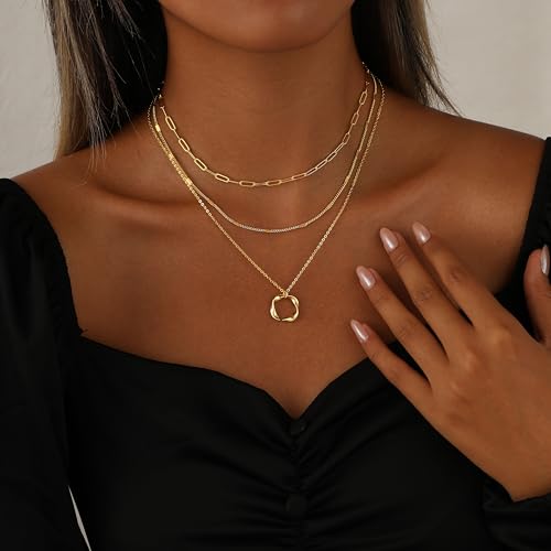 Layered Necklaces for Women 14K Gold Plated Stack Circle Pendant Trendy Long Chain Stackable Handmade Coin Necklace Set Dainty Gold Stacked Jewelry Gifts - color: Gold-8