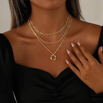 Layered Necklaces for Women 14K Gold Plated Stack Circle Pendant Trendy Long Chain Stackable Handmade Coin Necklace Set Dainty Gold Stacked Jewelry Gifts - color: Gold-8