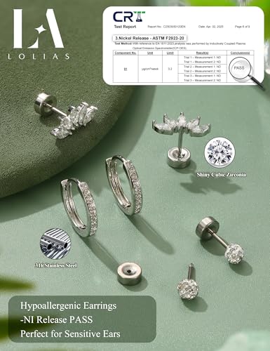 LOLIAS Flat Back Earrings for Women,20G Conch Tragus Helix Piercing Jewelry | Hypoallergenic Cartilage Earring Stacks,Surgical Stainless Steel Earrings for Sensitive Ears,Flatback Stud,Hoop,Earring Set - color: Silver Tone