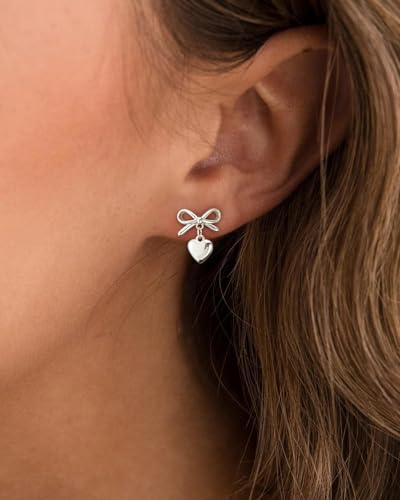 Stud Earrings for Women- 14K Gold/White Gold Plated/Black Bow Dragon Softball Snake Bat Stud Earrings - color: Silver Bow Heart