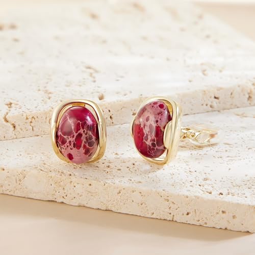YOQUCOL Natural Stone Trendy Clip On Stud Earrings for Women Gold Plated Non Pierced Statement Earrings Fashion Jewelry - color: Oval-Red