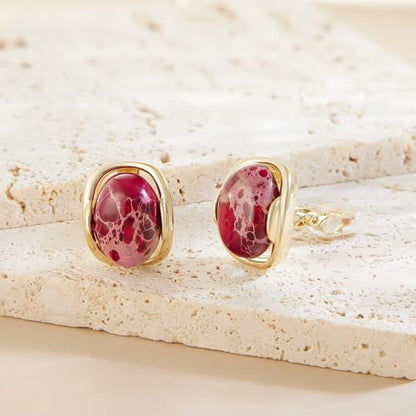 YOQUCOL Natural Stone Trendy Clip On Stud Earrings for Women Gold Plated Non Pierced Statement Earrings Fashion Jewelry - color: Oval-Red