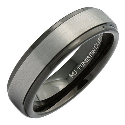 Tungsten Carbide Wedding Bands That Feature Different Finishes and Edge Colors - color: Black/Silver Brushed-6mm