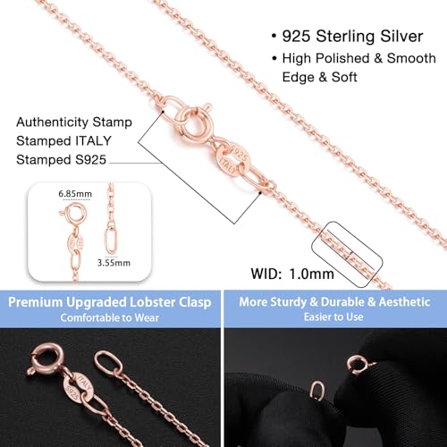 Jewlpire 18k Gold Plated 925 Sterling Silver Chain Necklace for Women, 1mm Cable Chain Necklace Sturdy & Shiny Women's Chain Necklaces 14 16 17 18 20 22 24 Inch - color: 18K Rose Gold Plated, size: 16 Inch