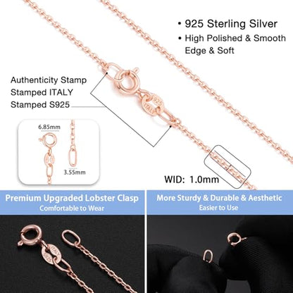 Jewlpire 18k Gold Plated 925 Sterling Silver Chain Necklace for Women, 1mm Cable Chain Necklace Sturdy & Shiny Women's Chain Necklaces 14 16 17 18 20 22 24 Inch - color: 18K Rose Gold Plated, size: 18 Inch