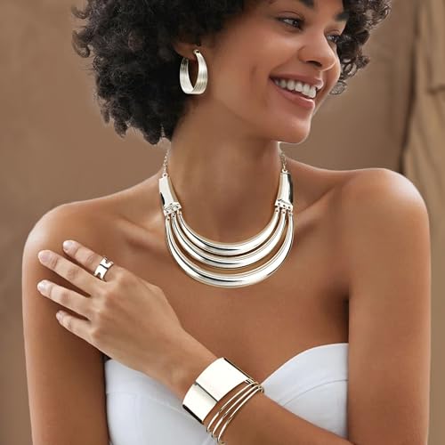 JOERICA Bib Choker Necklace Silver Gold Jewelry Set Wide Cuff Bangle Bracelet Open Hoop Earrings Adjustable Ring Chunky Silver Gold Statement Costume Jewelry Set for Women - color: Silver Tone