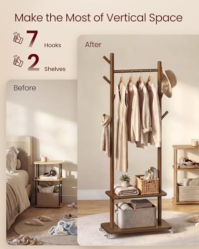 VASAGLE Freestanding Coat Rack Stand with 7 Hooks, 2 Shelves, 4 Removable 360° Swivel Wheels, Wooden Hooks and Pole, for Entryway, Bedroom, Living Room, Walnut Brown URCR053KJ01 - color: Walnut Brown, style: Minimalist