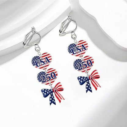 4th of July Independence Day Clip on Earring for Women American Flag Dangle Earrings Patriotic Red White Blue USA Earring, Pave Crystal Stud - color: red bow