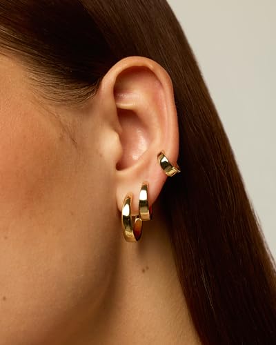 PAVOI 18K Gold Plated Small Hoop Earrings for Women, Earrings Piercing Pack | Hypoallergenic Earrings with 925 Sterling Silver Posts, Trendy Geometric Chunky Huggie Hoop Earrings - style: Wide