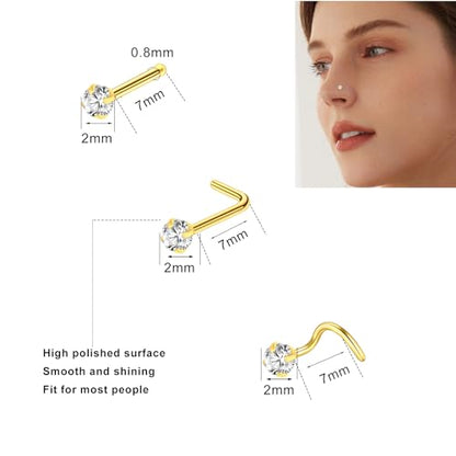 27-60 Pcs Nose Rings for Women Nose Piercing Jewelry Silver Nose Rings Studs 20G Surgical Nose Rings Hoops Nose Rings L Shaped Studs Screw Stainless Steel Nose Piercings for Women Men - color: gold-20G-15 pcs