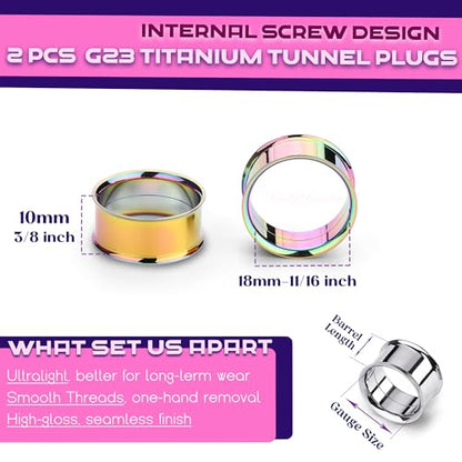 2Pcs G23 Titanium Double Flared Earrings Internally Threaded Gauges for Ears Weights Eyelet Tunnel Plug Stretching Kit From 3mm to 25mm Women Men - color: Rainbow, size: 18mm-11/16"