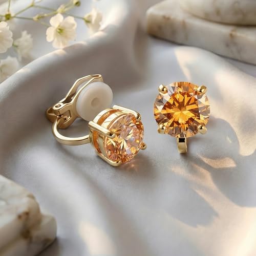 Mariell Cubic Zirconia Crystal Wedding Clip On Stud Earrings for Women, 2 Carat CZ Jewelry For Brides - color: Champagne