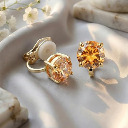 Mariell Cubic Zirconia Crystal Wedding Clip On Stud Earrings for Women, 2 Carat CZ Jewelry For Brides - color: Champagne