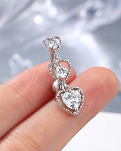 Triple Heart Dangle Belly Button Rings - 14G Reverse Navel Rings Dangly Cute Belly Piercing Jewelry - Stainless Steel - color: Silver