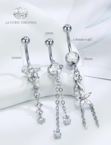 14G Belly Button Ring Piercing Surgical Steel Clear Pink CZ Dangling Navel Rings 10MM Length Hypoallergenic Heart Flower Belly Piercing Jewelry for Women Men Silver Gold - color: Silver- Clear CZ