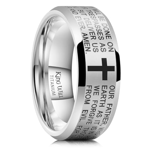 King Will 8mm Titanium Rings for Men Lord's Prayer Engraved Mens Cross Ring Vintage Religious Band Polished Brushed - color: Silver-Cross Bible