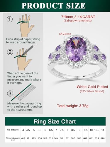 2-3 Carat Oval Engagement Ring 925 Silver Celtic Knot Birthstone Rings for Women Hypoallergenic Amehtyst/Aquamarine/Emerald/Ruby/Sapphire Cocktail Rings Jewelry Size 6-10 - color: A - Amethyst