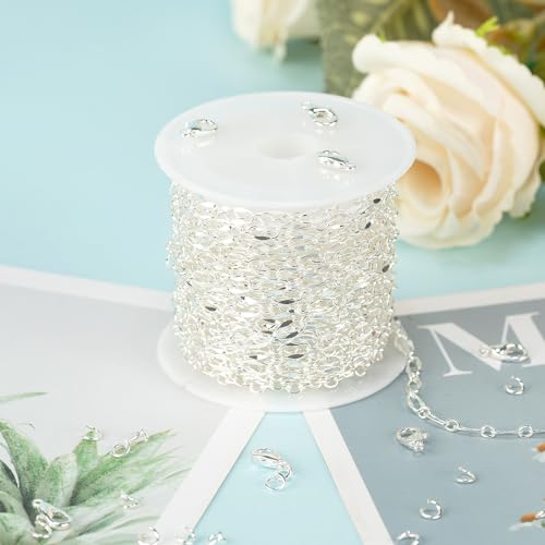 UMAOKANG 16.4 Feet Brass Chain for Jewelry Making Silver Plated Lip Chains Bulk Women Necklace Bracelet DIY Jewelry Supplies - color: Silver Lip