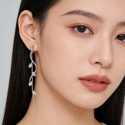 ASOQOLA Clip on Earrings Non Pierced for Women Long Dangle Drop Clip Earrings - Cubic Zirconia Leaf Earrings for Women Wedding Party Prom Jewelry Gifts - color: silver