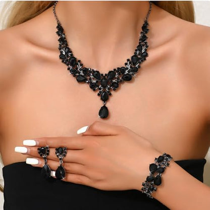 Crystal Bridal Jewelry Set, Floral Statement Necklace, Earrings, Bracelet, Wedding Accessories - color: Black